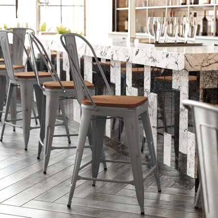 Flash Furniture Clear Coat Metal Counter Stool & Teak Poly Seat XU-DG-TP001B-24-PL1T-GG